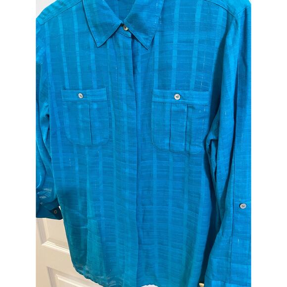 Additions by Chico Sz 1 Teal Woven Silver Threads Adjustable Long Sleeve Blouse - Picture 8 of 13